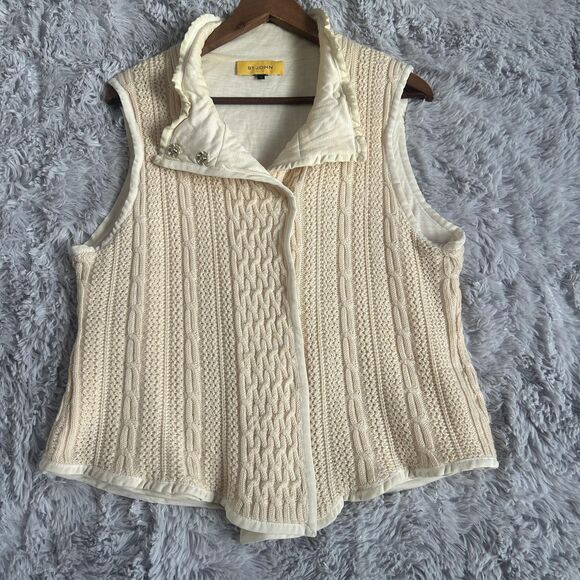 St. John Vest Womens Large Cream Cable Knit Wool Snap Front Ruffle Collar Lined - Picture 8 of 16